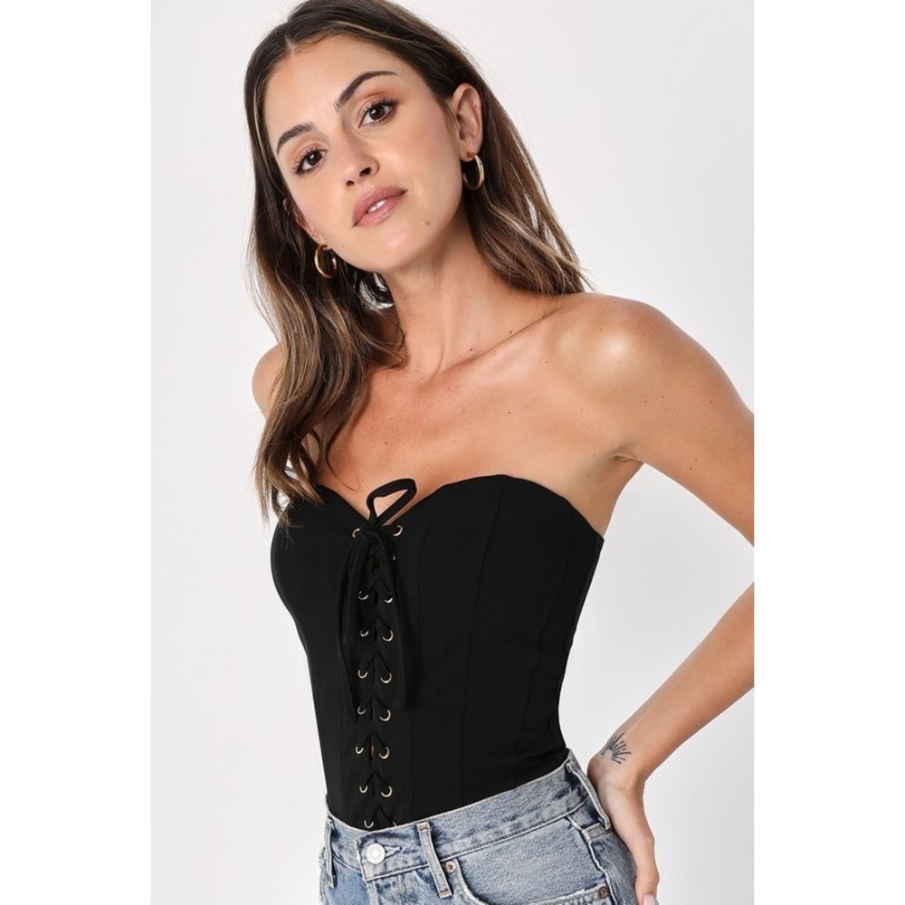 Lulus Captivating Energy Black Strapless Lace-up Corset Bodysuit - Size S